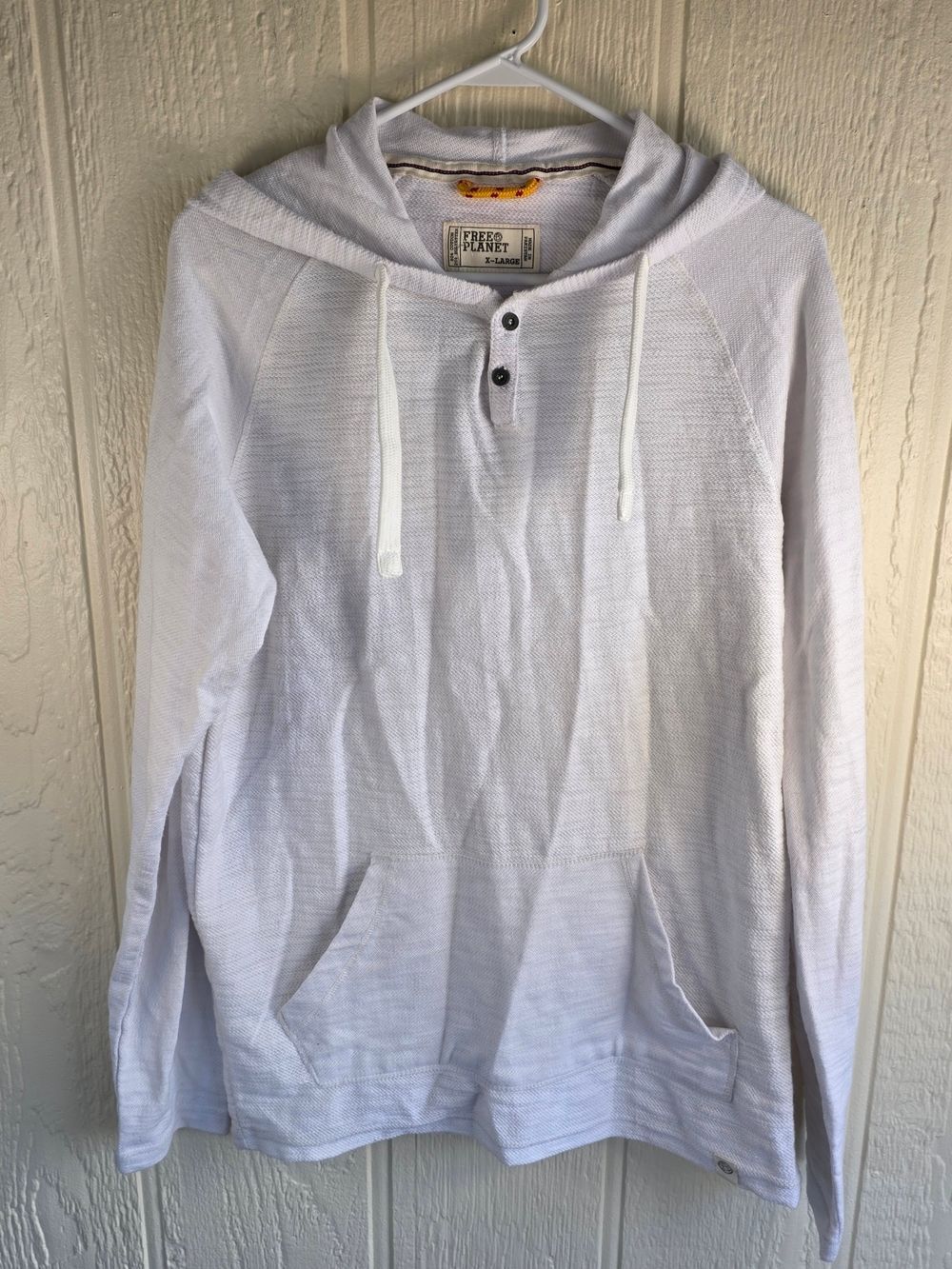 Free Planet White Hooded Knit Henley - Men's Lightweight Pullover, Size XL